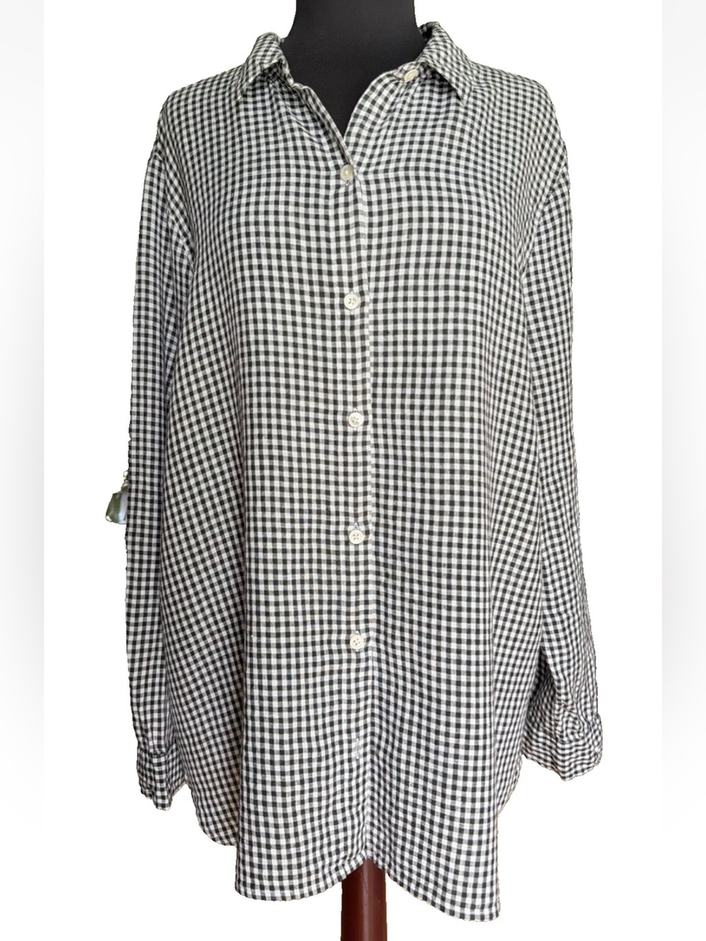 J. Jill Love Linen Black White Gingham Check Long Sleeve Button Up Shirt Sz LG